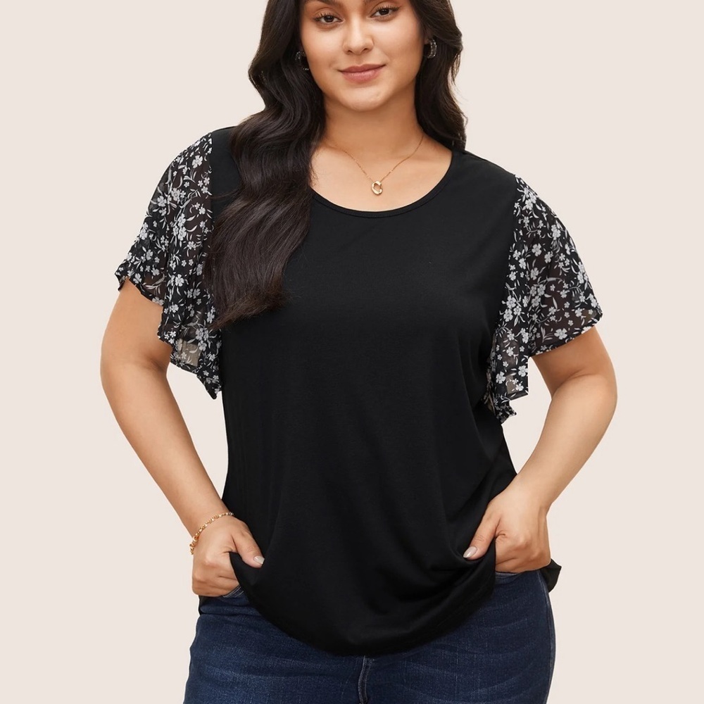 BloomChic Plus Size Ditsy Floral Ruffle Sleeve Round Neck T-Shirt